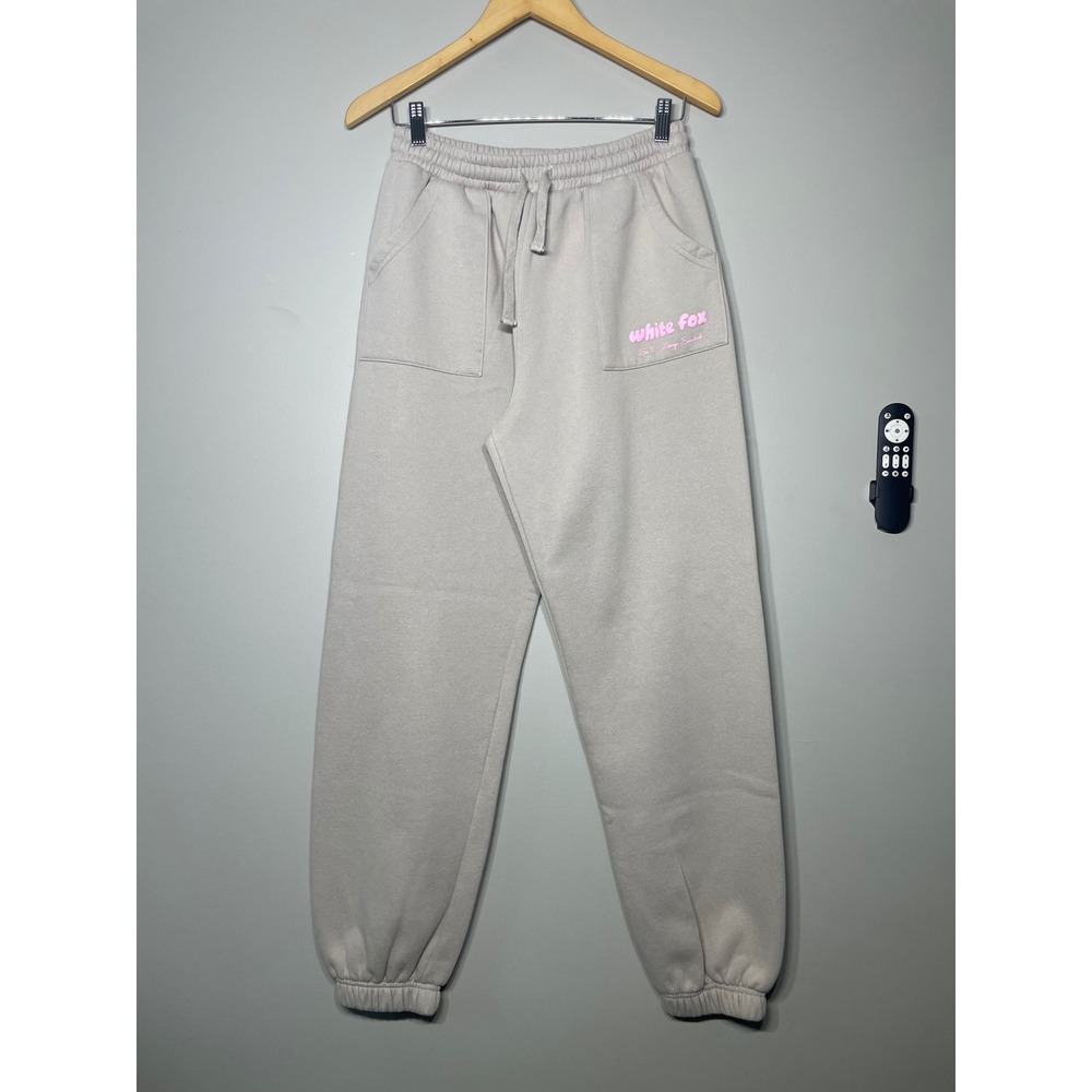 White Fox Sweatpants Women Medium Taupe Excellent Pink Logo Joggers Lounge